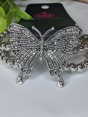 Layered Silver Crystal Butterfly Stretch Bracelet